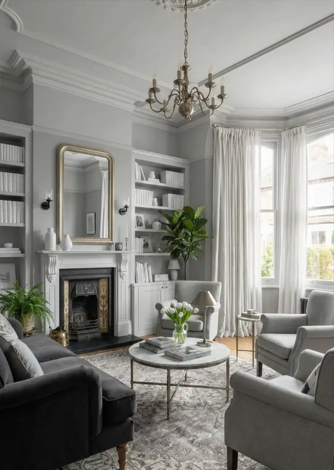 25 Modern Victorian Living Room Ideas That Feel Timeless and Fresh 5 Grey living room with white built-in shelves, marble coffee table, and bay window.