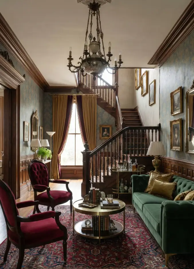 30 Modern Victorian Home Interior Ideas That Feel Timeless 6 Emerald green velvet sofa and burgundy armchairs pop against the dark wood millwork in this modern Victorian living space.