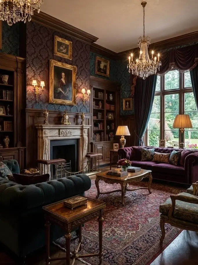 30 Modern Victorian Home Interior Ideas That Feel Timeless 7 Dark wood paneling and damask wallpaper create a moody backdrop for purple velvet furniture and heavy drapes.