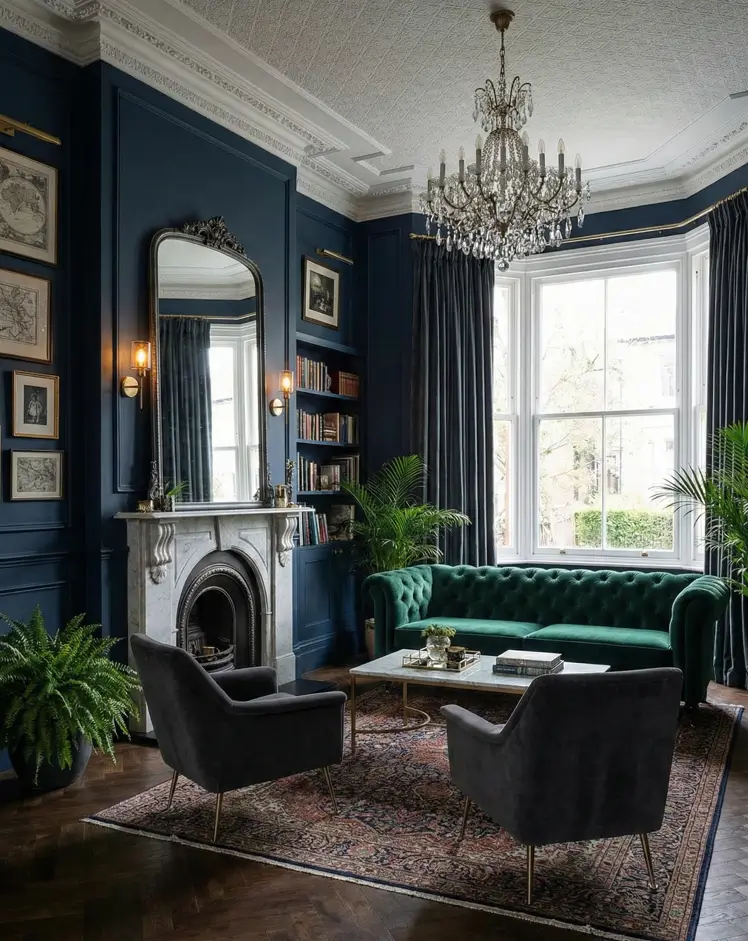 25 Modern Victorian Living Room Ideas That Feel Timeless and Fresh 7 Navy blue living room featuring an ornate white ceiling, crystal chandelier, and green velvet tufted sofa on herringbone floors.