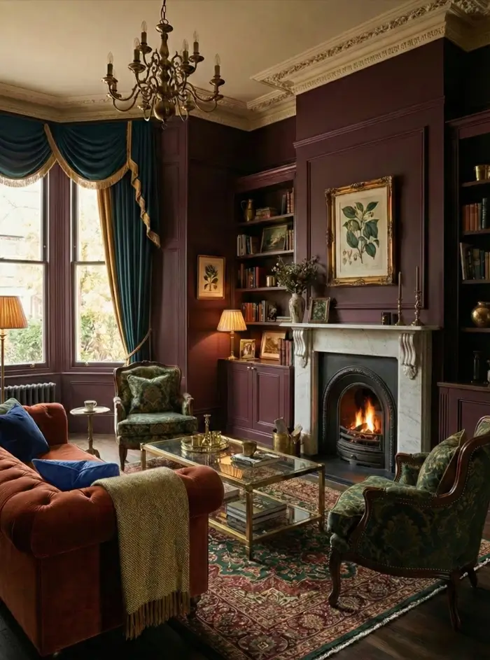 25 Modern Victorian Living Room Ideas That Feel Timeless and Fresh 8 Burgundy living room with built-in bookshelves, a white marble fireplace, and a rust velvet Chesterfield sofa near a bay window.