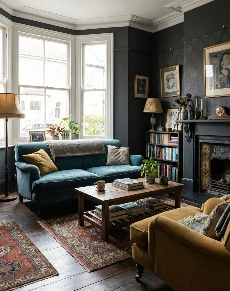 30 Modern Victorian Home Interior Ideas That Feel Timeless 9 Charcoal grey walls wrap around a bay window, creating a dramatic backdrop for a teal velvet sofa and vintage rug.
