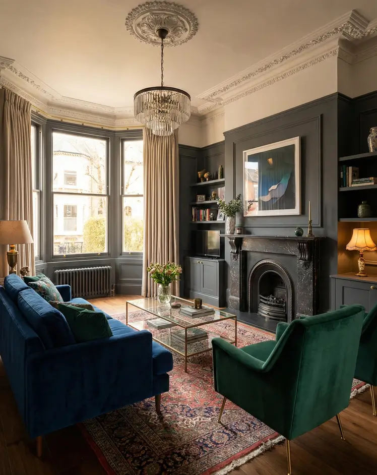 25 Modern Victorian Living Room Ideas That Feel Timeless and Fresh 9 Charcoal grey living room featuring a bay window, blue velvet sofa, and green armchairs around a fireplace.