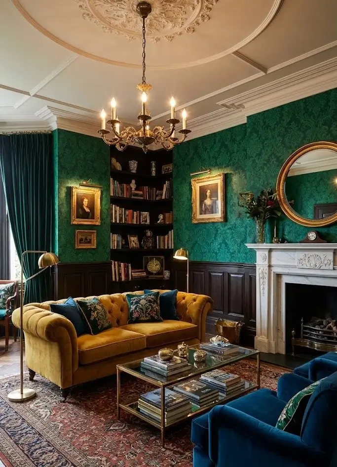 30 Modern Victorian Home Interior Ideas That Feel Timeless 10 Green damask wallpaper and dark wainscoting set the stage for a mustard velvet Chesterfield sofa and gold accents.