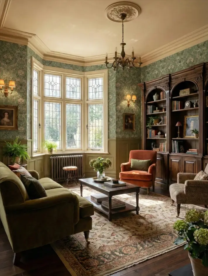 25 Modern Victorian Living Room Ideas That Feel Timeless and Fresh 10 Green living room with leaded glass bay window, dark wood bookcase, green velvet sofa, and rust armchair.