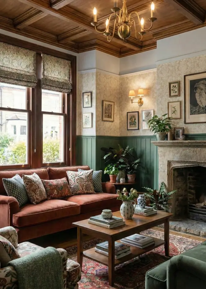 25 Modern Victorian Living Room Ideas That Feel Timeless and Fresh 11 Living room featuring a dark wood coffered ceiling, green wainscoting, floral wallpaper, and a rust velvet sofa near a stone fireplace.