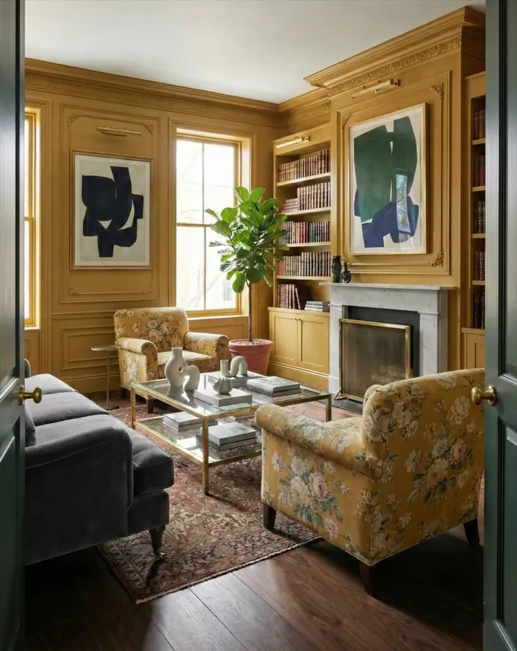 30 Modern Victorian Home Interior Ideas That Feel Timeless 11 Mustard yellow paint covers the library millwork and trim, creating a warm setting for floral armchairs and art.