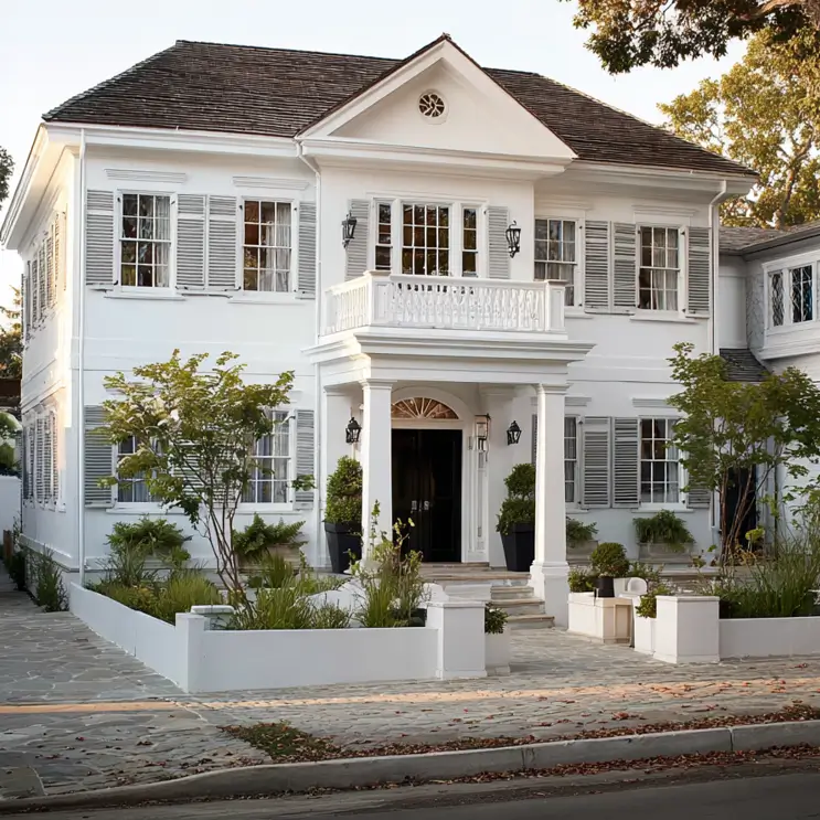 45 Colonial House Design Ideas for a Timeless Exterior 3 White Colonial home with twin columns, louvered shutters, and a small balcony above the front entry