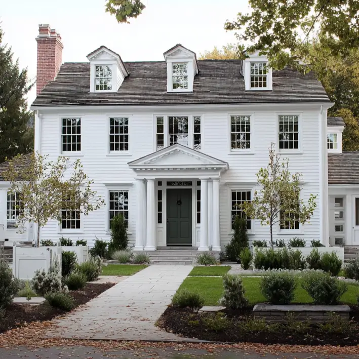 45 Colonial House Design Ideas for a Timeless Exterior 12 White Colonial home with sage green front door, three dormers, paired columns, and shutter-free windows