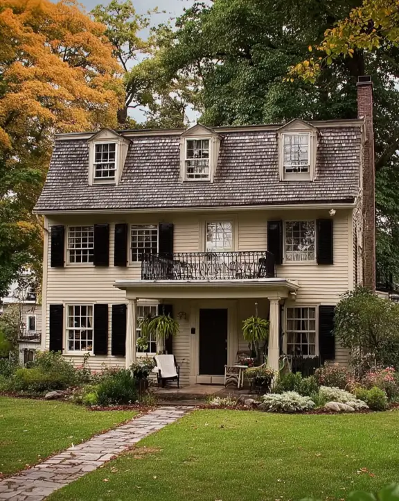 45 Colonial House Design Ideas for a Timeless Exterior 14 Cream Dutch Colonial home with gambrel roof, cedar shake siding, three dormers, black shutters, and iron balcony