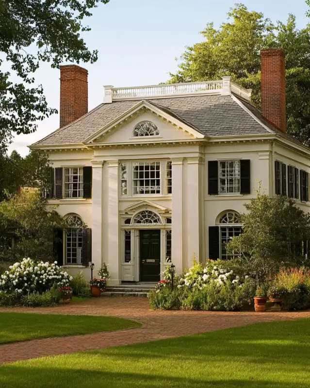 45 Colonial House Design Ideas for a Timeless Exterior 15 Federal-style cream Colonial home with central pediment, Palladian window, twin brick chimneys, and rooftop balustrade