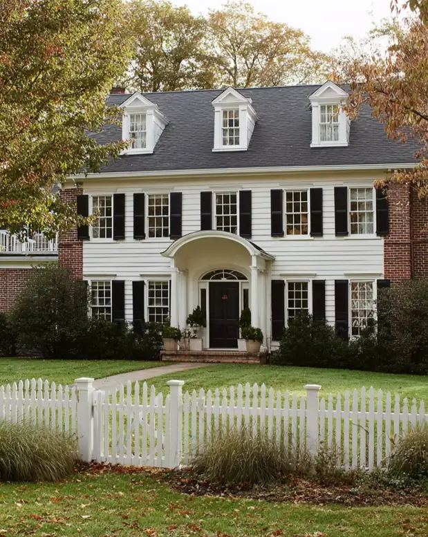 45 Colonial House Design Ideas for a Timeless Exterior 16 White Colonial home with arched entry portico, black shutters, three dormers, and white picket fence in autumn