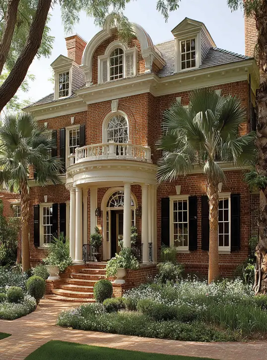 45 Colonial House Design Ideas for a Timeless Exterior 17 Southern brick Colonial home with curved entry portico, Palladian window, eyebrow dormer, and palm trees