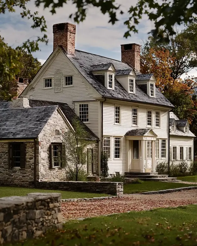 45 Colonial House Design Ideas for a Timeless Exterior 18 Early American Colonial home with white clapboard main house, stone side wing, twin brick chimneys, and dry stone walls