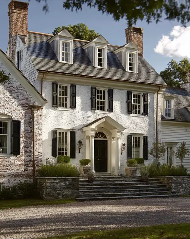 45 Colonial House Design Ideas for a Timeless Exterior 19 Whitewashed brick Colonial home with three pedimented dormers, black shutters, brick chimneys, and stone retaining wall