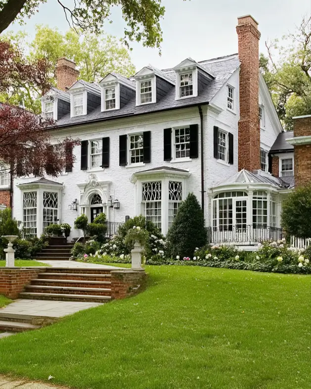 45 Colonial House Design Ideas for a Timeless Exterior 20 Painted white brick Colonial estate with conservatory side wing, leaded windows, dormers, and ornate door pediment