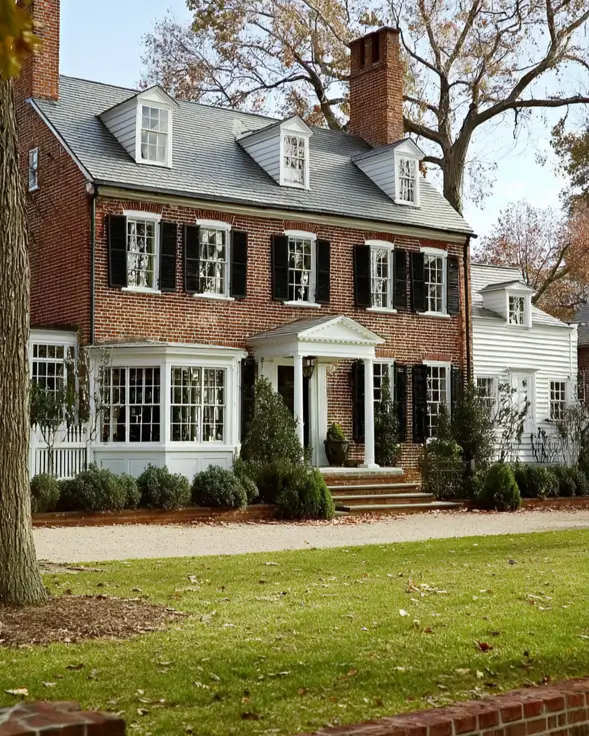 45 Colonial House Design Ideas for a Timeless Exterior 21 Red brick Williamsburg Colonial home with white bay window, black shutters, three dormers, and white clapboard side wing
