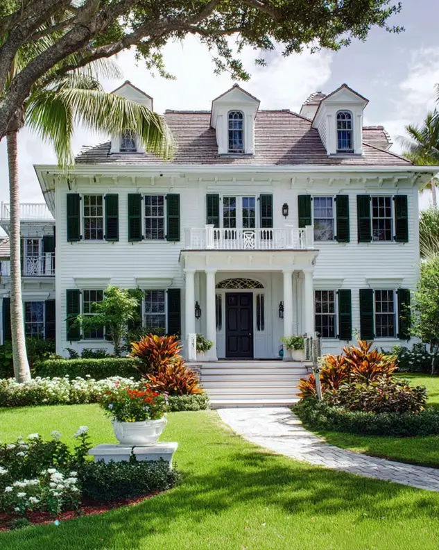 45 Colonial House Design Ideas for a Timeless Exterior 4 White Colonial home with three roof dormers, dark green shutters, and tropical front garden