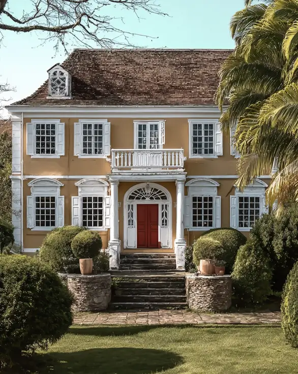45 Colonial House Design Ideas for a Timeless Exterior 22 French Colonial home with mustard yellow stucco walls, white batten shutters, red front door, and terracotta tile roof