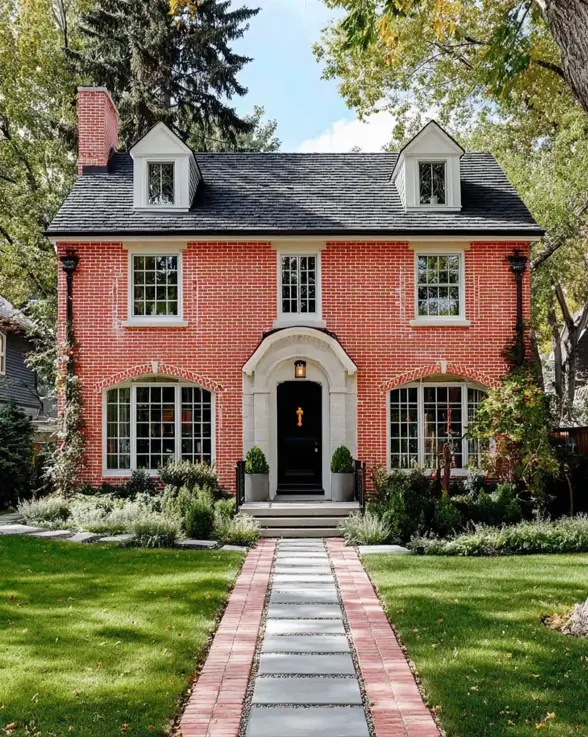45 Colonial House Design Ideas for a Timeless Exterior 23 Coral brick Colonial home with stone-arched entry surround, large arched windows, two dormers, and stepping-stone walkway