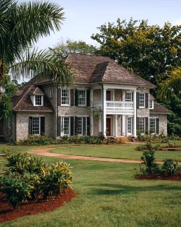 45 Colonial House Design Ideas for a Timeless Exterior 25 Tropical Colonial with stone walls, brown louvered shutters, full-height columns, and second-story balcony