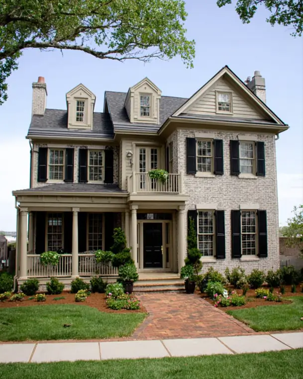45 Colonial House Design Ideas for a Timeless Exterior 26 Modern asymmetrical Colonial home with painted taupe brick, side covered porch, small Juliet balcony, and black shutters