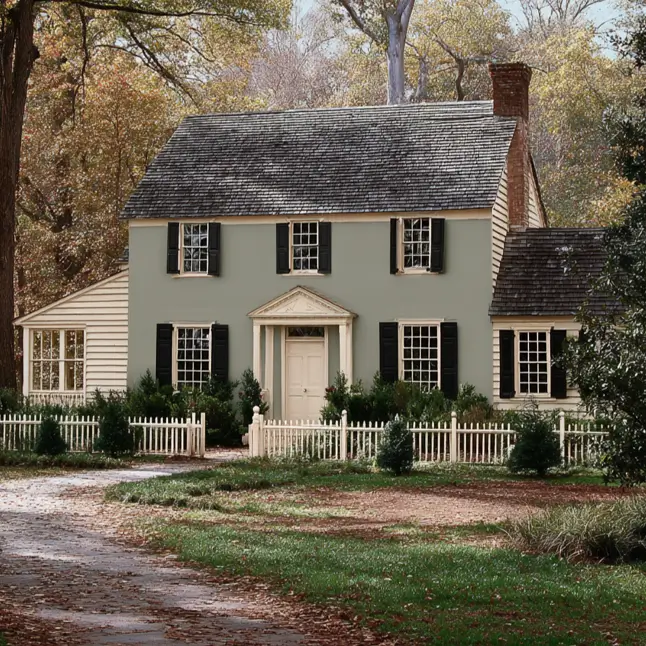 45 Colonial House Design Ideas for a Timeless Exterior 29 Sage green Williamsburg-style Colonial cottage with cream wings, black shutters, brick chimney, and cream picket fence