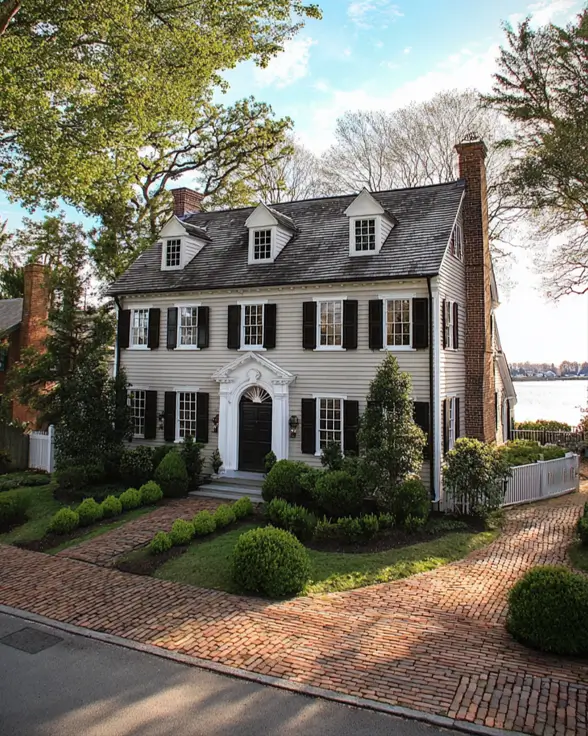 45 Colonial House Design Ideas for a Timeless Exterior 30 Cream coastal Colonial home with twin brick chimneys, sunburst pediment entry, three dormers, and brick paver driveway near water