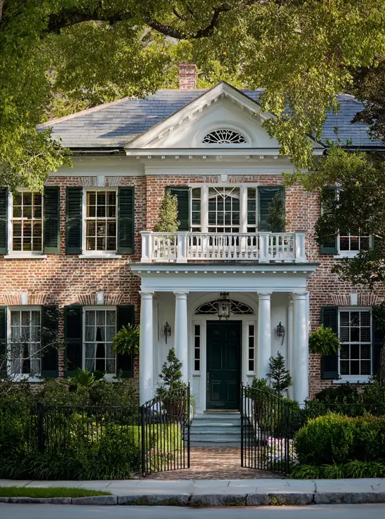 45 Colonial House Design Ideas for a Timeless Exterior 31 Southern red brick Colonial home with two-story portico, full-height columns, dark green shutters, and iron entry gate