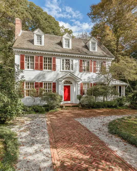 45 Colonial House Design Ideas for a Timeless Exterior 32 White New England Colonial home with bright red shutters, matching red door, three pedimented dormers, and herringbone brick driveway