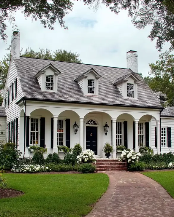 45 Colonial House Design Ideas for a Timeless Exterior 33 Long white Colonial home with arched front arcade, three pedimented dormers, twin chimneys, black shutters, and brick walkway