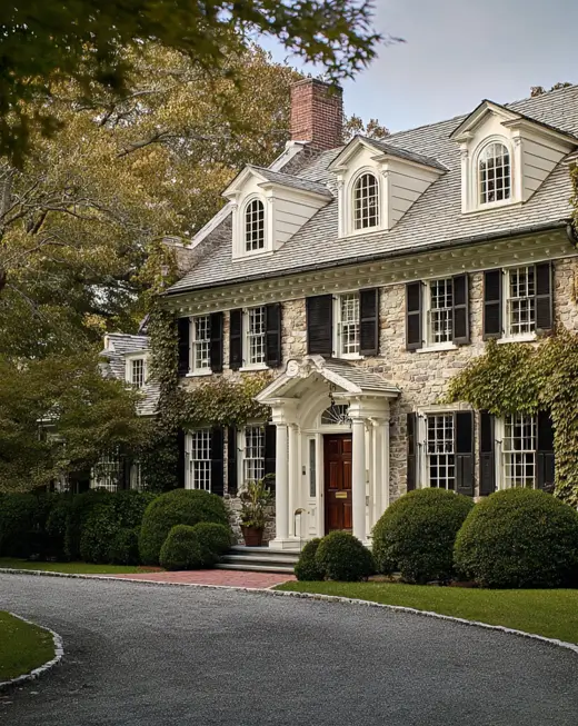 45 Colonial House Design Ideas for a Timeless Exterior 35 Stately fieldstone Colonial home with arched-top dormers, curved entry portico, black shutters, and boxwood landscaping