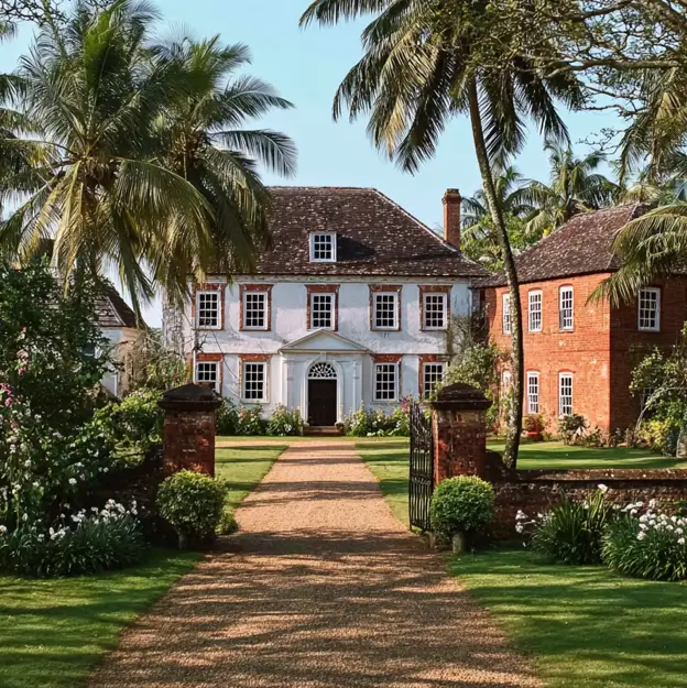 45 Colonial House Design Ideas for a Timeless Exterior 36 Colonial estate with painted main house, red brick outbuilding, brick gateposts, iron gates, and gravel drive