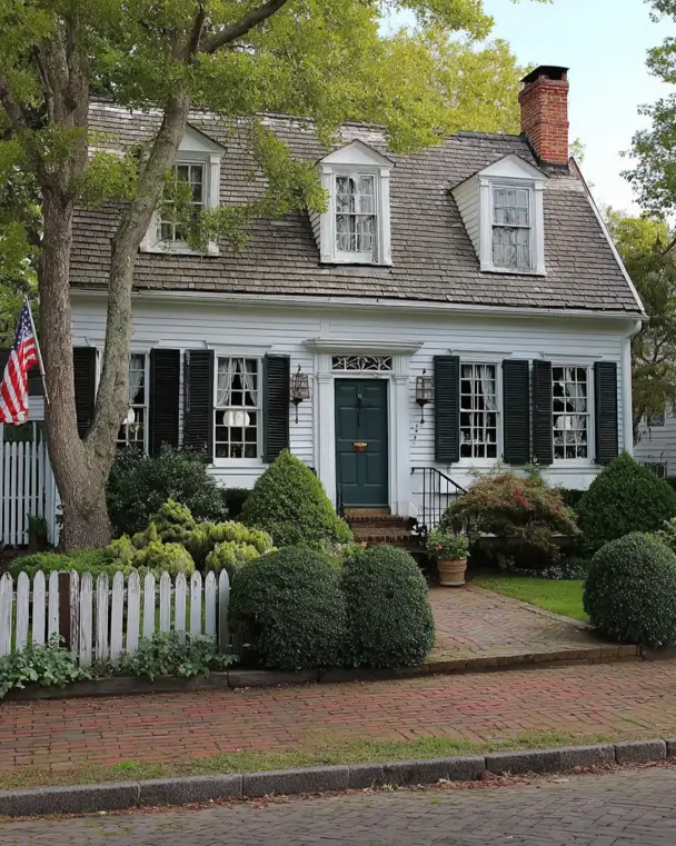 45 Colonial House Design Ideas for a Timeless Exterior 37 Small Cape Cod Colonial cottage with white clapboard, dark green shutters, three pedimented dormers, brick chimney, and picket fence