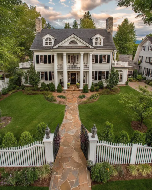 45 Colonial House Design Ideas for a Timeless Exterior 38 Grand white Colonial home with two-tier columned veranda, twin stone chimneys, arched dormers, flagstone walkway, and white picket fence