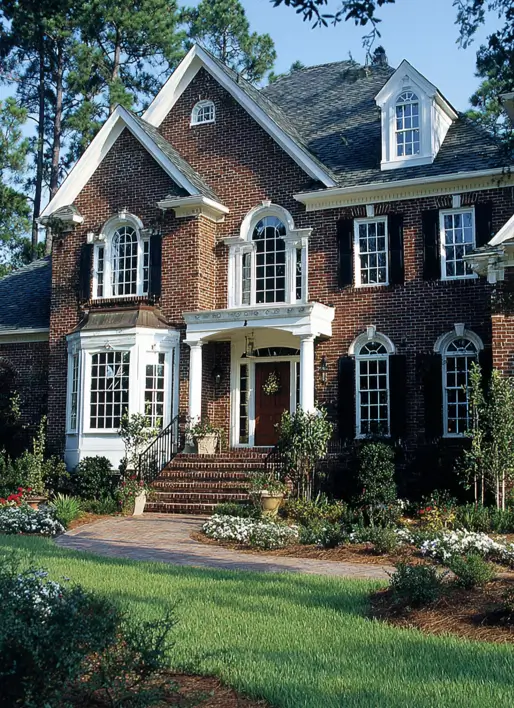 45 Colonial House Design Ideas for a Timeless Exterior 40 Red brick Colonial home with steep front gable, tall bay window with copper roof, Palladian arched windows, and brick steps