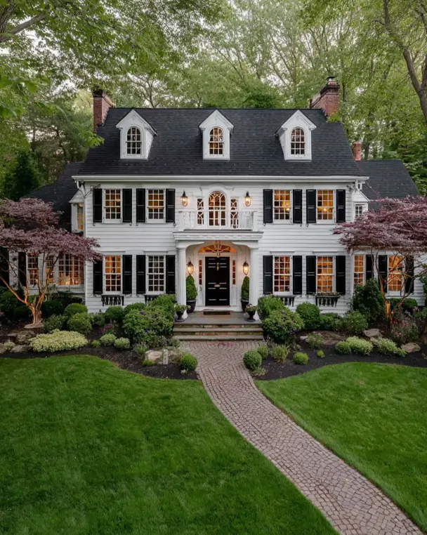 45 Colonial House Design Ideas for a Timeless Exterior 41 White Colonial home photographed at dusk with warm window glow, gambrel roof, three arched dormers, black shutters, and brick walkway