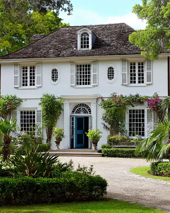 45 Colonial House Design Ideas for a Timeless Exterior 45 White stucco Colonial home with oval oeil-de-boeuf windows, pale gray shutters, fanlight dormer, teal entry door, and climbing bougainvillea