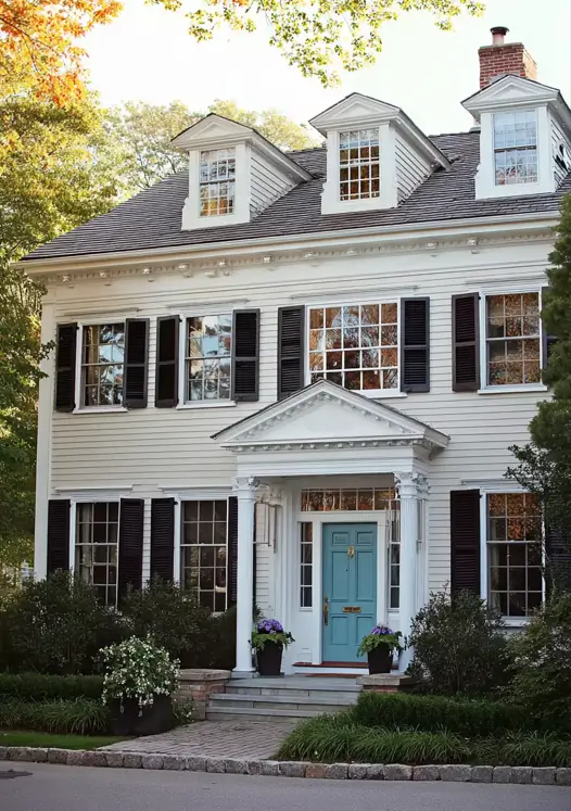 45 Colonial House Design Ideas for a Timeless Exterior 46 Soft cream Colonial home with carved bracket portico, dusty teal front door, three pedimented dormers, black shutters, and granite curb