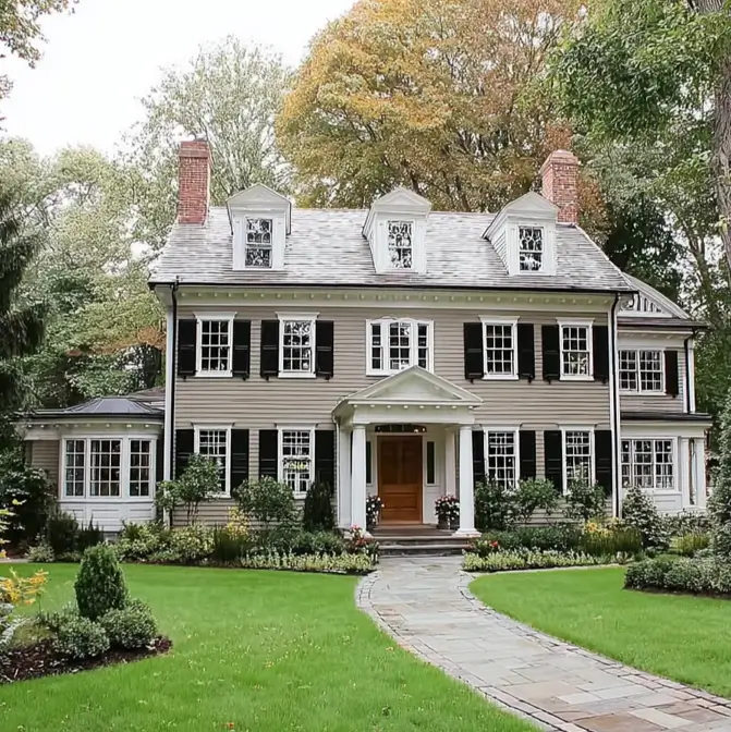 45 Colonial House Design Ideas for a Timeless Exterior 47 Warm greige Colonial home with twin glassed sunroom wings, natural wood front door, three pedimented dormers, twin brick chimneys, and bluestone walkway