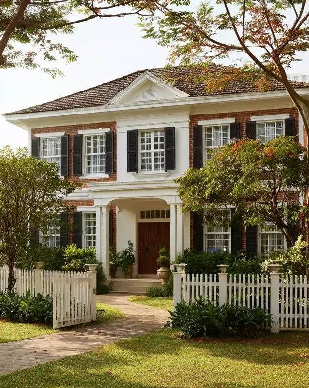45 Colonial House Design Ideas for a Timeless Exterior 7 Red brick Colonial home with white trim, black shutters, pedimented portico, and white picket fence