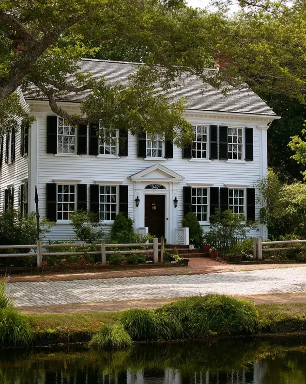 45 Colonial House Design Ideas for a Timeless Exterior 8 Historic white New England Colonial home with shake roof, black shutters, and split-rail wood fence near pond
