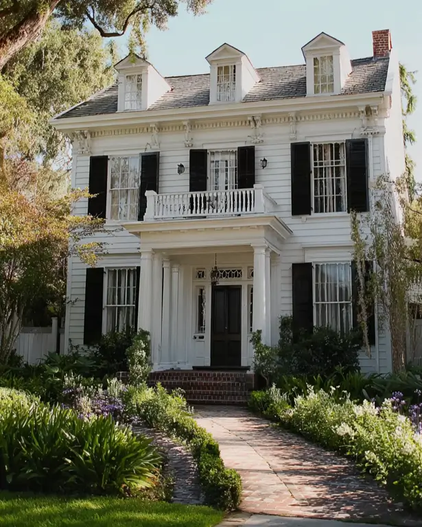 45 Colonial House Design Ideas for a Timeless Exterior 9 White Southern Colonial home with decorative eave brackets, paired columns, upper balcony, and cottage garden