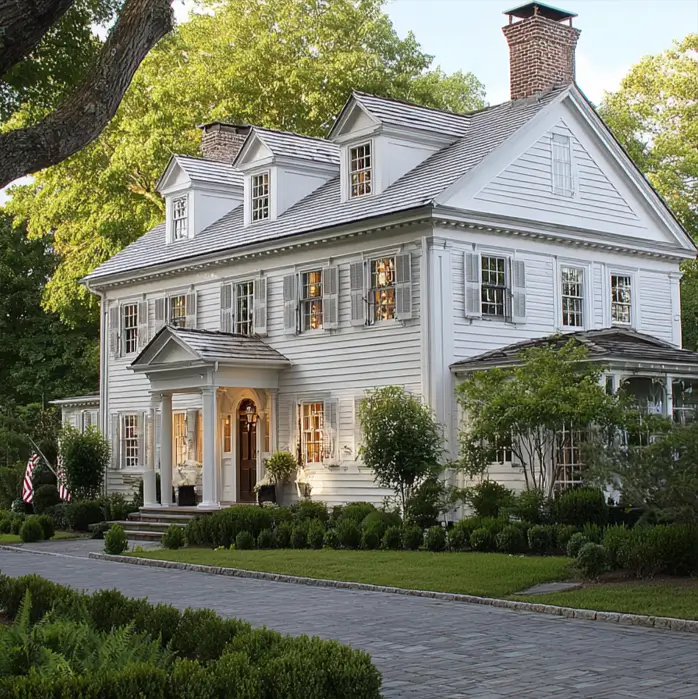 45 Colonial House Design Ideas for a Timeless Exterior 11 White Colonial home with pale gray louvered shutters, three dormers, twin brick chimneys, and cobblestone driveway