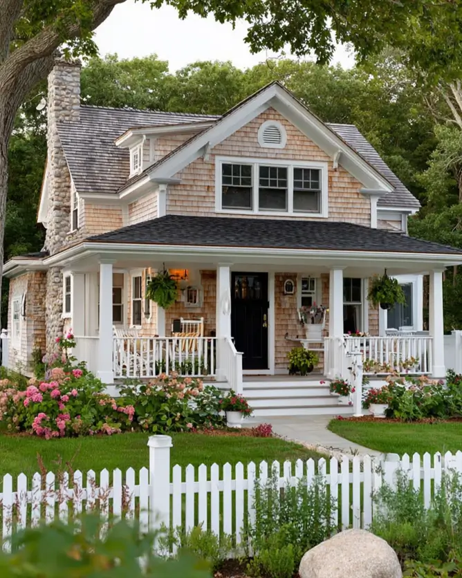 27 Cape Cod Style House Ideas for a Timeless New England Exterior 12 Cedar shingle cottage with tall fieldstone chimney, covered front porch, gable dormer with round vent, and hydrangea garden