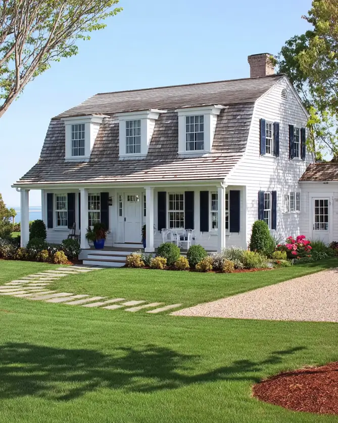 27 Cape Cod Style House Ideas for a Timeless New England Exterior 13 White clapboard seaside home with navy shutters, three gabled dormers, covered front porch, brick chimney, and stepping-stone path