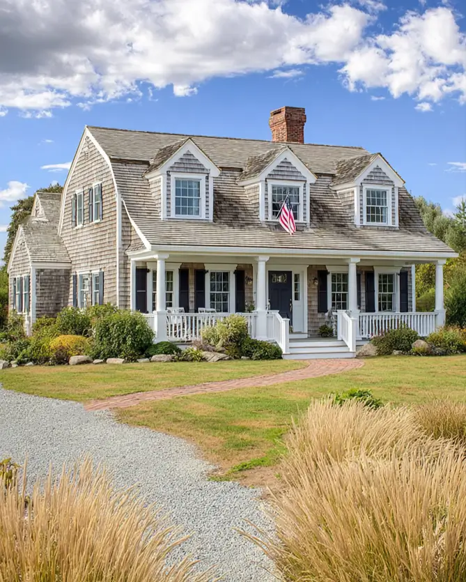 27 Cape Cod Style House Ideas for a Timeless New England Exterior 14 Bow-roofed shake-shingled home with three gabled dormers, navy shutters, covered porch, and gravel path through meadow grass