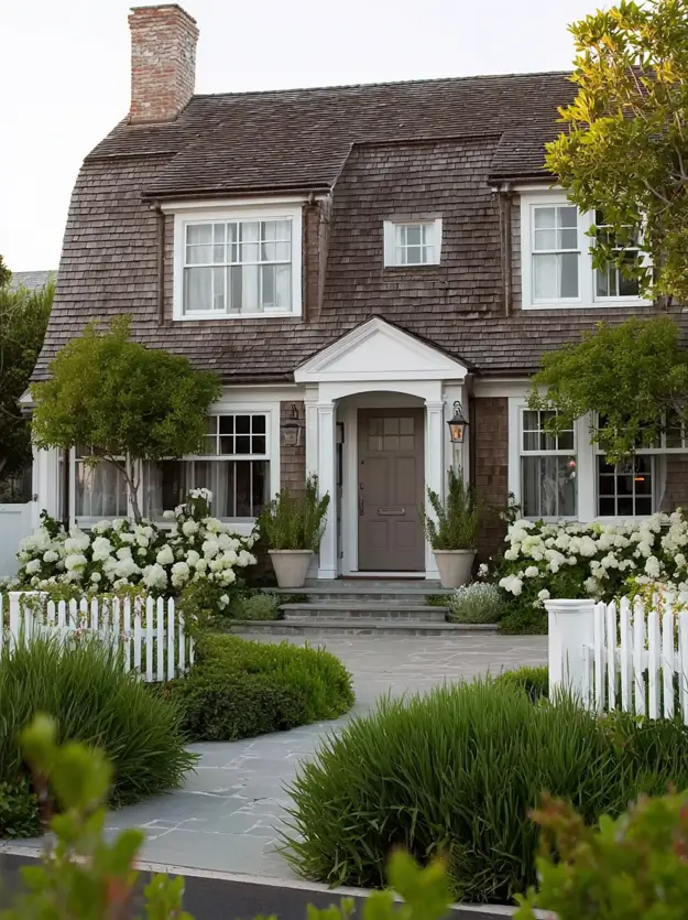 27 Cape Cod Style House Ideas for a Timeless New England Exterior 15 Brown shake-shingled cottage with sweeping catslide roof, pedimented portico, mauve front door, hydrangeas, and white picket fence