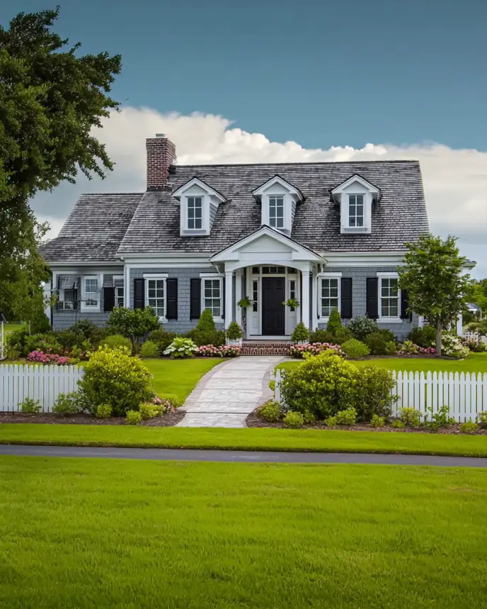 27 Cape Cod Style House Ideas for a Timeless New England Exterior 16 Soft gray shake home with three matching dormers, black shutters, pedimented portico, dark front door, and white picket fence