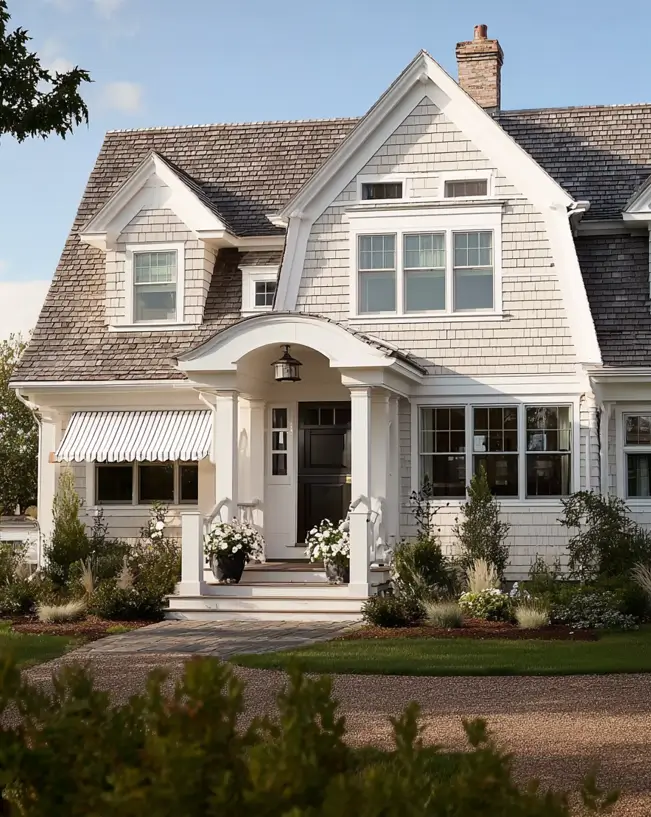 27 Cape Cod Style House Ideas for a Timeless New England Exterior 17 White shake home with black-and-cream striped awning, curved arched portico, twin front gables, and glossy black front door